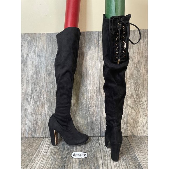 Material Girl Over the Knee High Black Velvet Stretch Boots Women size 5.5 - Picture 4 of 12